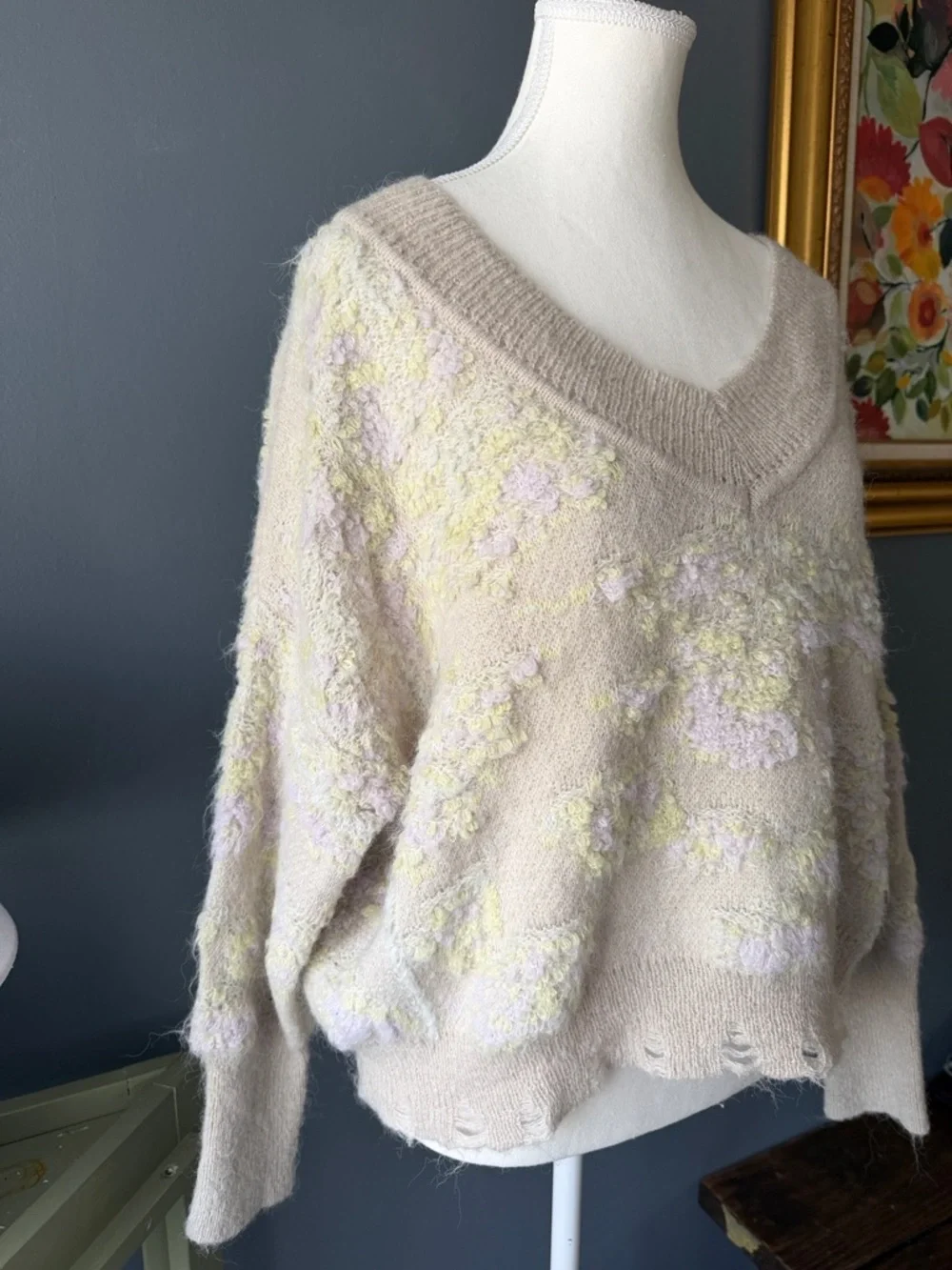Anthropologie Beige V-Neck Sweater with Pastel Floral Accents - Picture 2 of 5